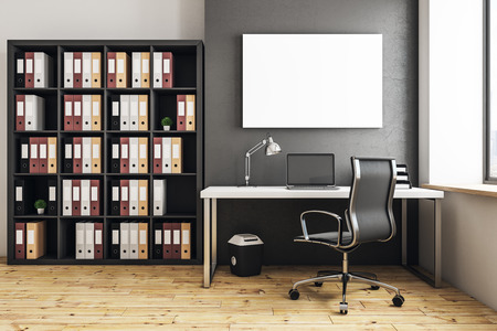 Modern office interior with workspace and empty banner on wall. Mock up, 3D Rendering の写真素材