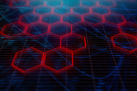 Creative glowing digital red hexagon background. Science and design concept. 3D Rendering の写真素材