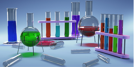 Creative colorful lab equipment on gray backdrop. Science and medicine concept. 3D Rendering の写真素材