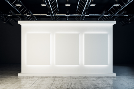 illuminated white exhibition hall interior with copy space. Museum, art and gallery concept. Mock up, 3D Rendering の写真素材