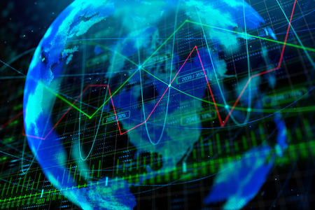 Blurry globe with forex chart. Global business and finance concept. 3D Rendering の写真素材