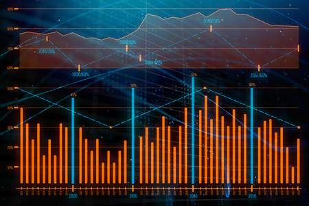 Creative glowing forex chart on dark texture with lines and bars. Investment and marketing concept. 3D Rendering の写真素材