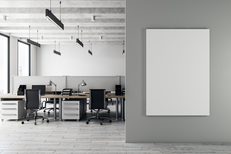 Modern coworking interior with furniture, daylight and empty poster. Advertisement concept. Mock up, 3D Rendering の写真素材