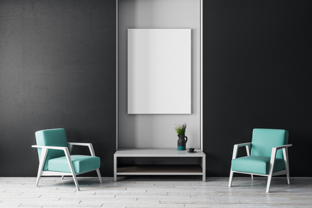 Modern interior with coffee table, armchair and empty banner on wall. Mock up, 3D Rendering の写真素材