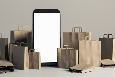 Empty smartphone with shopping bags on light background. Online shopping and money concept. Mock up, 3D Rendering の写真素材