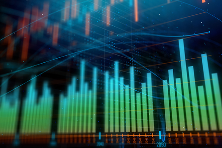 Creative glowing forex chart on dark backdrop with lines and bars. Investment and trade concept. 3D Rendering の写真素材