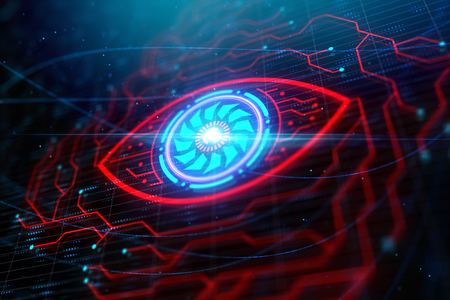 Creative digital circuit eye background. Vision, ID and cyber security concept. 3D Rendering の写真素材