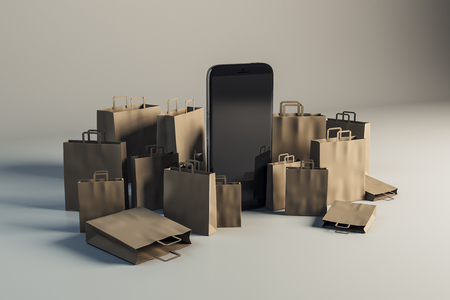 Empty smartphone with shopping bags on light background. Online shopping and promotion concept. Mock up, 3D Rendering の写真素材