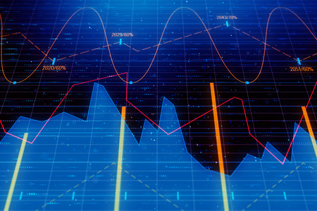 Creative glowing forex chart on dark texture with lines and bars. Investment and banking concept. 3D Rendering の写真素材