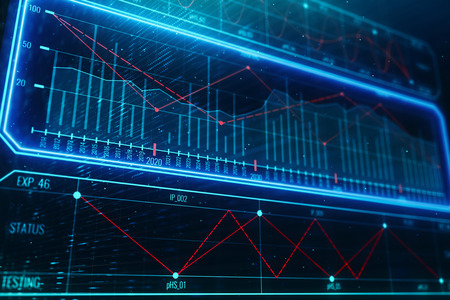 Creative glowing forex chart on dark texture with lines and bars. Investment and trade concept. 3D Rendering の写真素材
