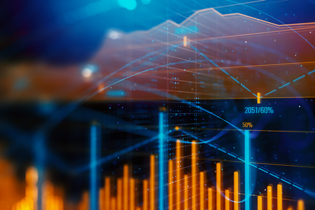 Creative glowing forex chart on dark background with lines and bars. Investment and computer concept. 3D Rendering の写真素材