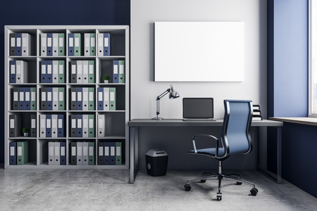 Modern office interior with workspace and empty poster on wall. Mock up, 3D Rendering の写真素材