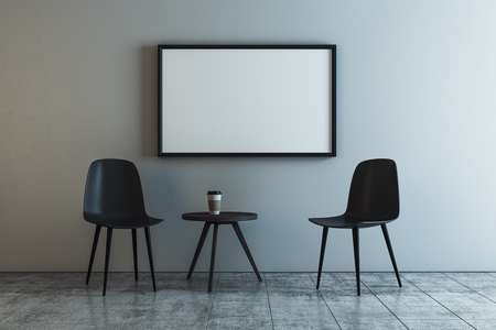 Modern comfortbale concrete home interior with chair, small coffee table and empty banner on wall. Mock up, 3D Rendering の写真素材