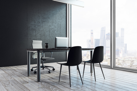 Side view of contemporary office interior with workplace, copy space on wall and panoramic city view. 3D Rendering の写真素材