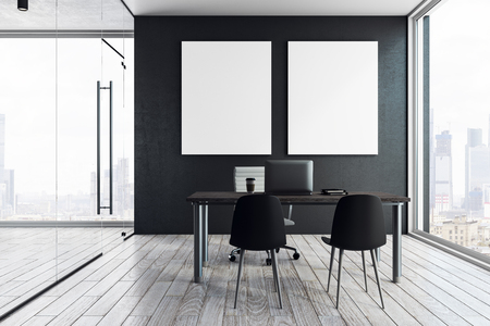 Modern office interior with empty billboard, workplace, city view and daylight. Mock up, 3D Rendering の写真素材