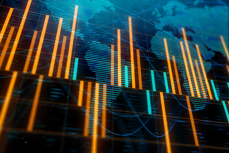 Orange glowing forex chart backdrop with map. Global business, stock and trade concept. 3D Rendering の写真素材
