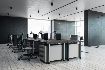 Stylish coworking office interior with city view, daylight and equipment. Workplace design concept. 3D Rendering の写真素材