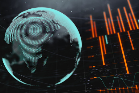 Bright glowing forex chart texture with map. Global business, stock and trade concept. 3D Rendering の写真素材