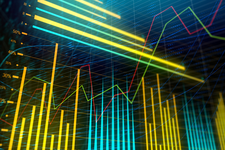 Analysis, statistics and finance concept. Bright glowing forex chart wallpaper. 3D Rendering の写真素材