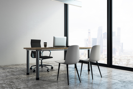 Side view of modern office interior with workplace, copy space on wall and panoramic city view. 3D Rendering の写真素材