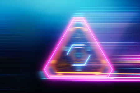Creative triangular digital business interface on blue wallpaper. Innovation, future and media...