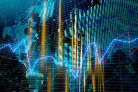 Digital forex interface with globe map. International business and finance concept. 3D Renderingの写真素材