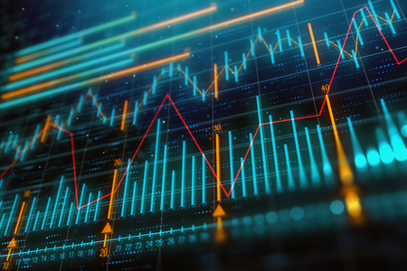 Investment, trade and infograph concept. Creative glowing forex chart background. 3D Renderingの写真素材