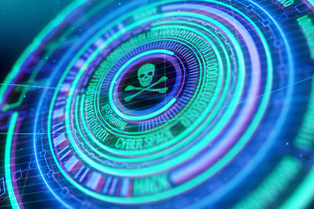 Glowing round digital skull and crossed bones interface background. Web attack, hacker and software. 3D Renderingの写真素材