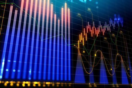 Investment, trade and blockchain concept. Creative glowing forex chart background. 3D Renderingの写真素材