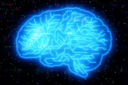 Creative glowing blue circuit brain background. Artificial intelligence concept. 3D Renderingの写真素材