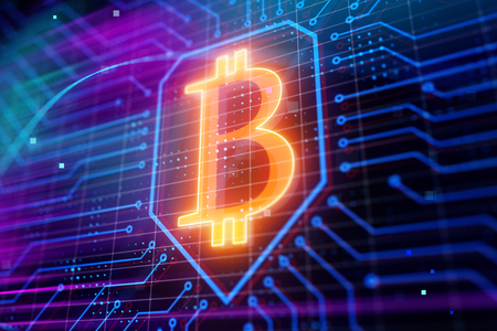Abstract glowing circuit bitcoin background. Cryptocurrency and e-business concept. 3D Renderingの写真素材