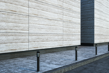 Large blank modern street concrete wall with lights on sidewalk. 3D renderの写真素材