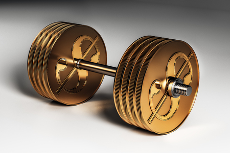 3d image of gold metal dollar dumbbell concept. 3D renderの写真素材