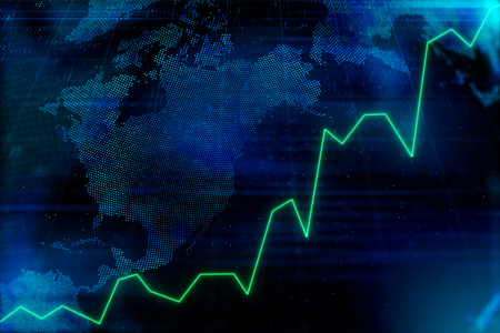 Abstract financial chart with uptrend line graph on blue world map background. 3D renderの写真素材