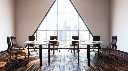 loft style conference room with wooden floor and city view. 3D renderの写真素材