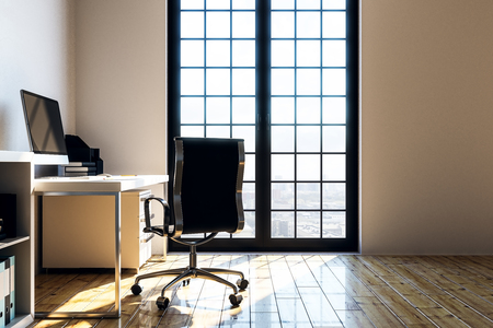 modern workspace with furniture, floor-to-ceiling window, wooden floor and city view. 3D renderの写真素材