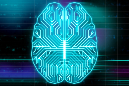digital artificial intelligence concept with electronic chip in form of human brain. 3D render