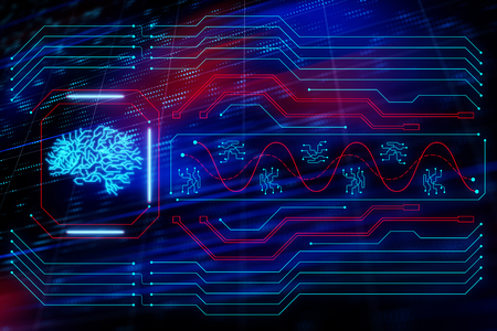 glowing circuit board and a CPU with a brain symbol at abstract background. 3D render