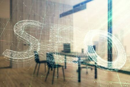 Seo sign hologram with minimalistic cabinet interior background. Double exposure. Search engine concept.の写真素材