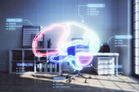Brain sign hologram with minimalistic cabinet interior background. Double exposure. Study concept.