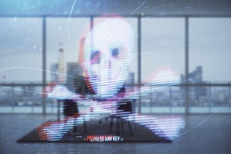Cyber piracy hologram with minimalistic cabinet interior background. Double exposure. Hacking concept.の写真素材
