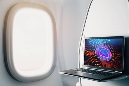 Laptop closeup inside airplane with brain drawing pic on screen. Data analysis and ai concept. 3d rendering.の写真素材