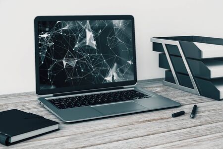 Laptop closeup with abstract tech drawing on computer screen. Technology innovation concept. 3d rendering.の写真素材