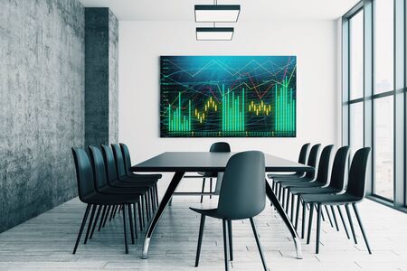 Conference room interior with financial chart on screen monitor on the wall. Stock market analysis concept. 3d rendering.の写真素材