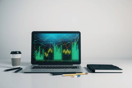 Laptop closeup with forex graph on computer screen. Financial trading and education concept. 3d rendering.の写真素材