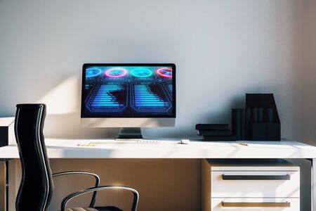 Desktop interior with computer, table and chair. Business drawing on screen. 3d rendering.の写真素材
