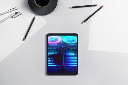 Digital tablet closeup with business theme picture on screen. Technology innovation concept. 3d rendering.の写真素材