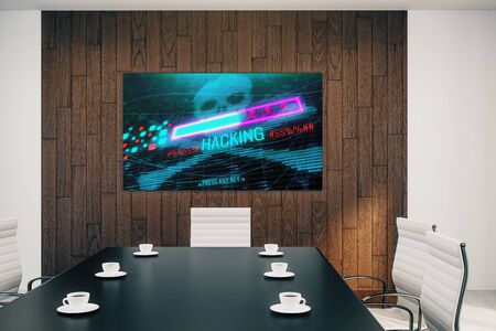 Conference room interior with hacking picture on screen monitor on the wall. Data safety concept. 3d rendering.の写真素材