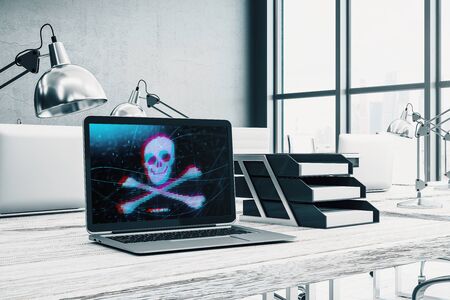 Desktop interior with computer, table and chair. Cyberpiracy theme drawing on screen. 3d rendering.の写真素材
