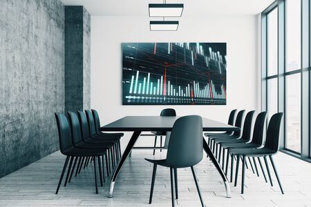 Conference room interior with financial chart on screen monitor on the wall. Stock market analysis concept. 3d rendering.の写真素材